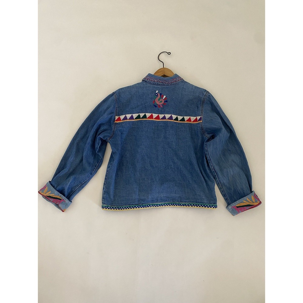 Chicos Denim Jacket Sz 1‎ Embellished Embroidered Birds & Floral Buffalo Button - Picture 12 of 16